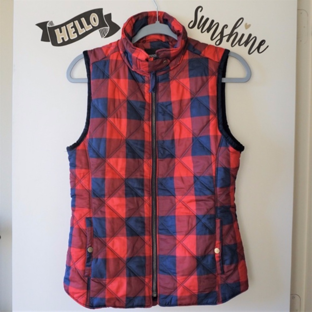 Kensie Buffalo Plaid Red Navy Quilted Puffer Zip Up Vest S Small EUC